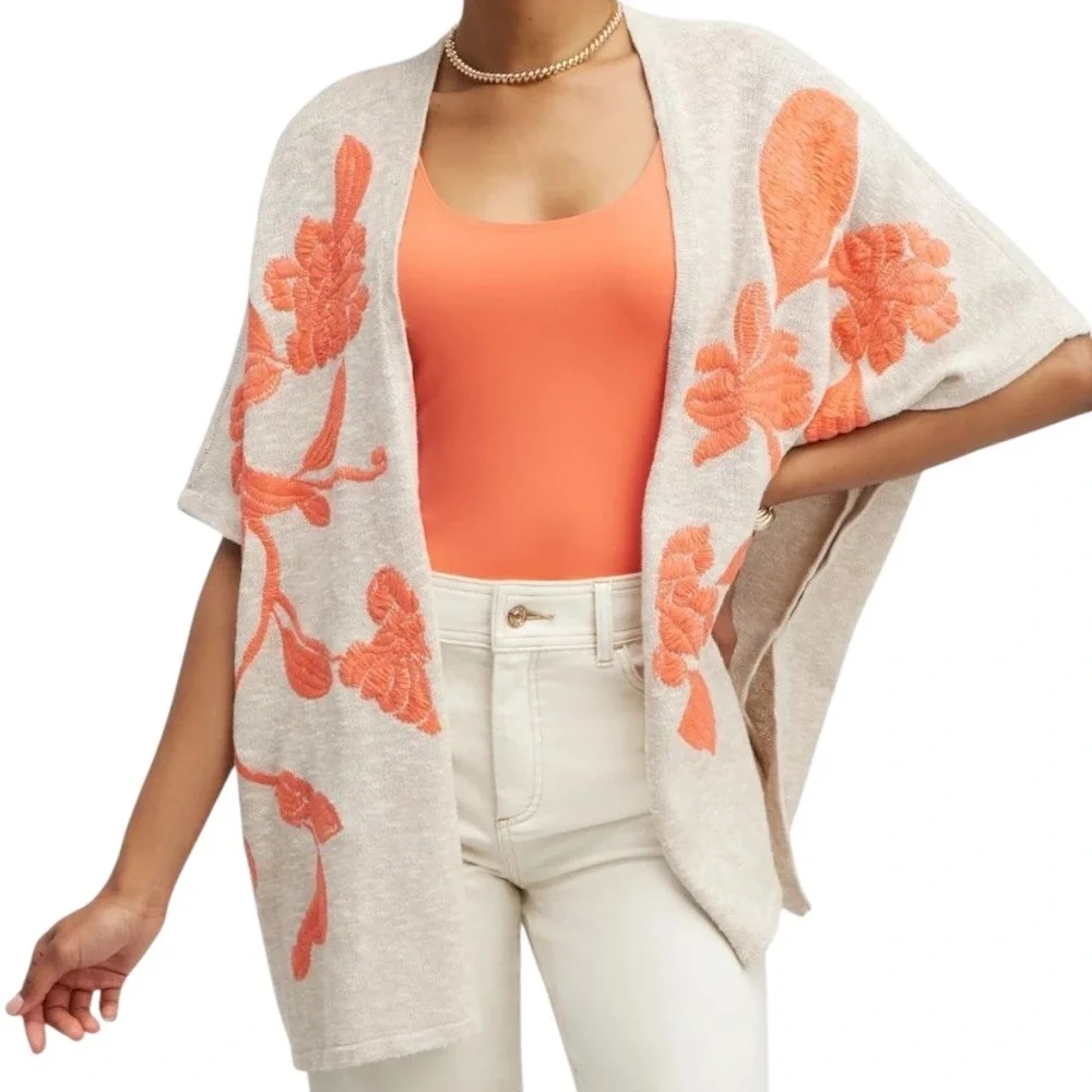 NWT Chicos Embroidered Knit Ruana Neutral Orange Floral Linen Cotton‎ Size S/M